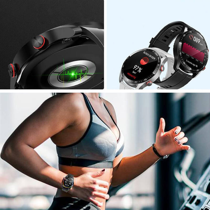 Smartwatch met 1,45-inch display, bloedsuiker- en hartmonitoring; ideaal voor gezondheidsbewuste gebruikers.