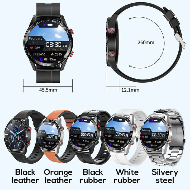 Smartwatch met 1,45-inch display, bloedsuiker- en hartmonitoring; ideaal voor gezondheidsbewuste gebruikers.
