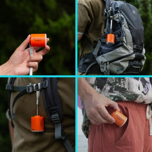Multifunctionele draagbare luchtpomp, compact, waterbestendig, met vacuümpomp en zaklamp voor buitenactiviteiten.