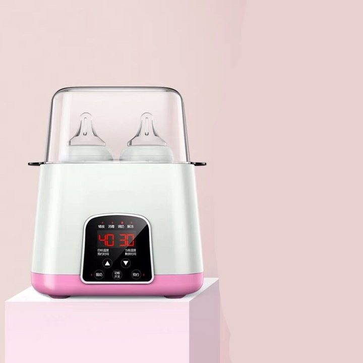 Multifunctionele babyflesverwarmer met LED-display, ideaal voor verwarmen, ontdooien en steriliseren in een modern design.