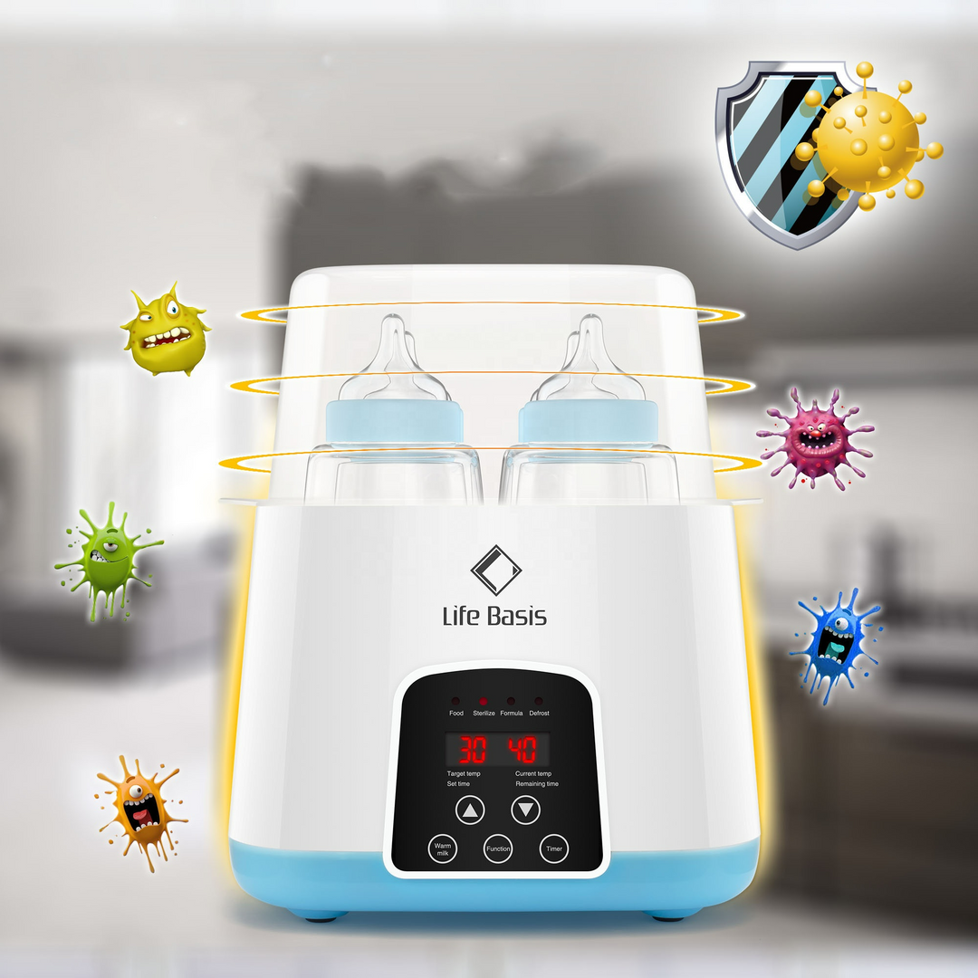 Multifunctionele babyflesverwarmer met LED-display, ideaal voor verwarmen, ontdooien en steriliseren in een modern design.