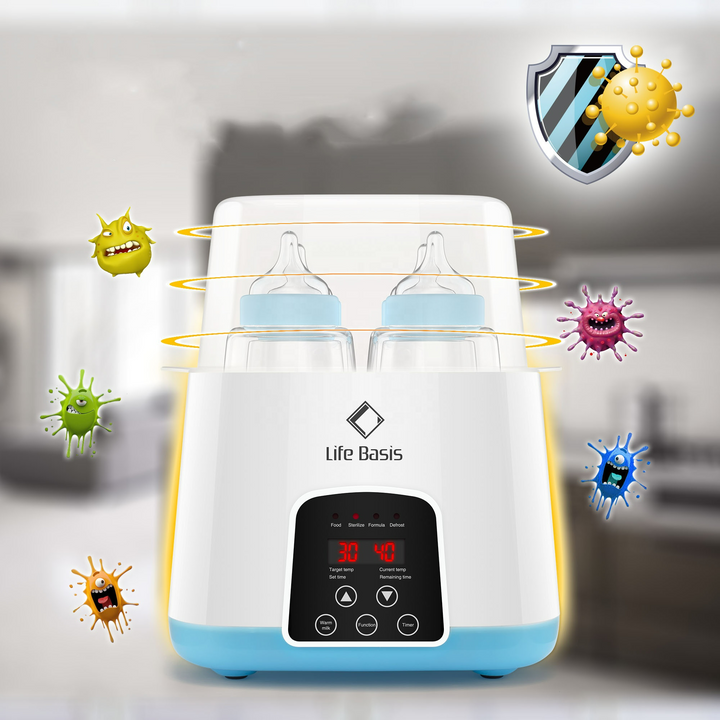 Multifunctionele babyflesverwarmer met LED-display, ideaal voor verwarmen, ontdooien en steriliseren in een modern design.