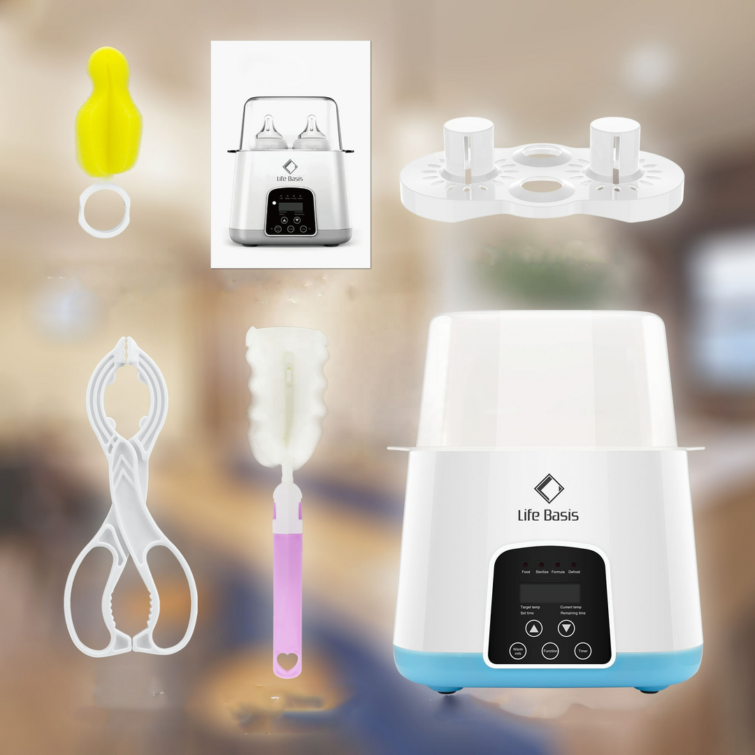 Multifunctionele babyflesverwarmer met LED-display, ideaal voor verwarmen, ontdooien en steriliseren in een modern design.