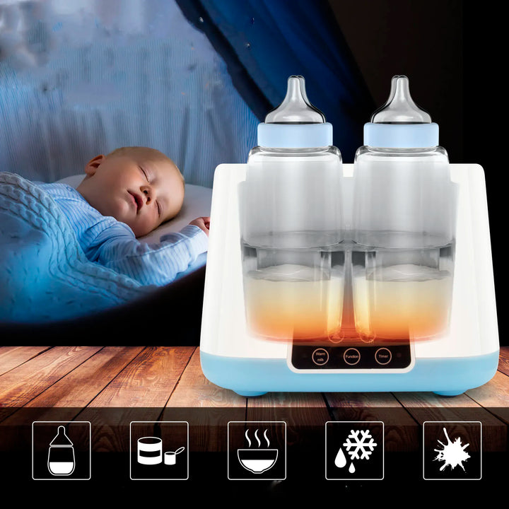 Multifunctionele babyflesverwarmer met LED-display, ideaal voor verwarmen, ontdooien en steriliseren in een modern design.