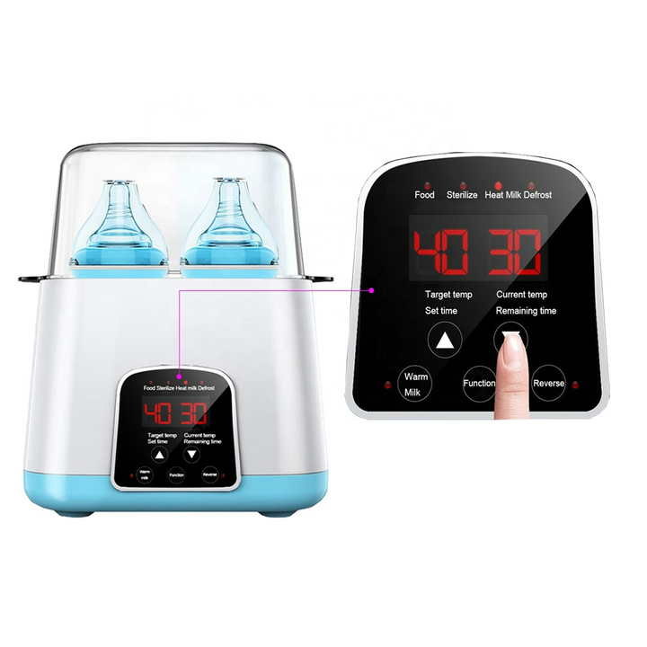 Multifunctionele babyflesverwarmer met LED-display, ideaal voor verwarmen, ontdooien en steriliseren in een modern design.