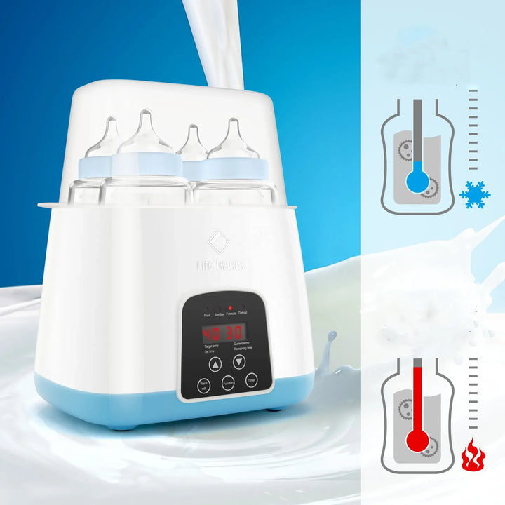 Multifunctionele babyflesverwarmer met LED-display, ideaal voor verwarmen, ontdooien en steriliseren in een modern design.