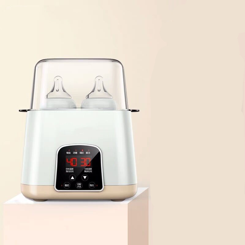 Multifunctionele babyflesverwarmer met LED-display, ideaal voor verwarmen, ontdooien en steriliseren in een modern design.
