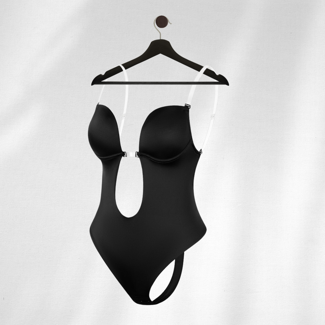 Dames rugvrije shapewear beha in zwart, ideaal voor diepe halslijnen, benadrukt rondingen, hoog comfort.