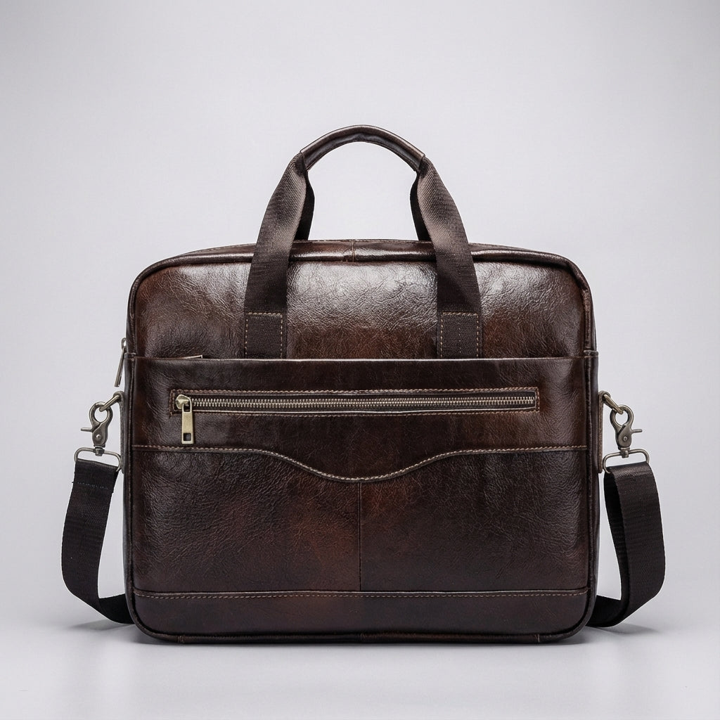 Elegante heren aktetas van zwart leer, een professionele tas voor laptop en werkdocumenten.