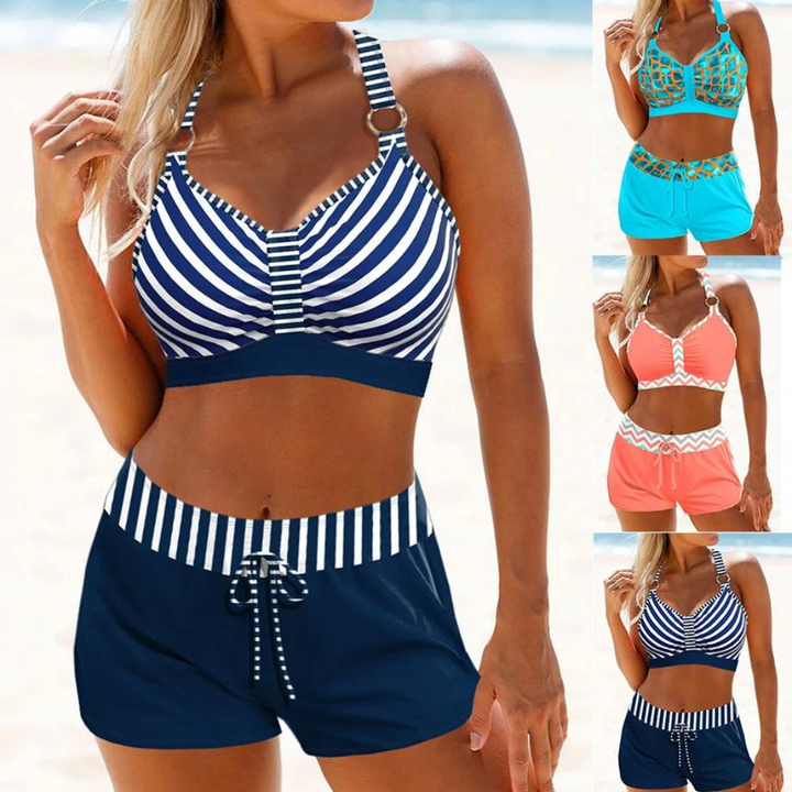Nieuwe dames nautische zwemset, stijlvolle tweedelige bikini voor de zomer. Comfortabele badkleding met maritieme look.