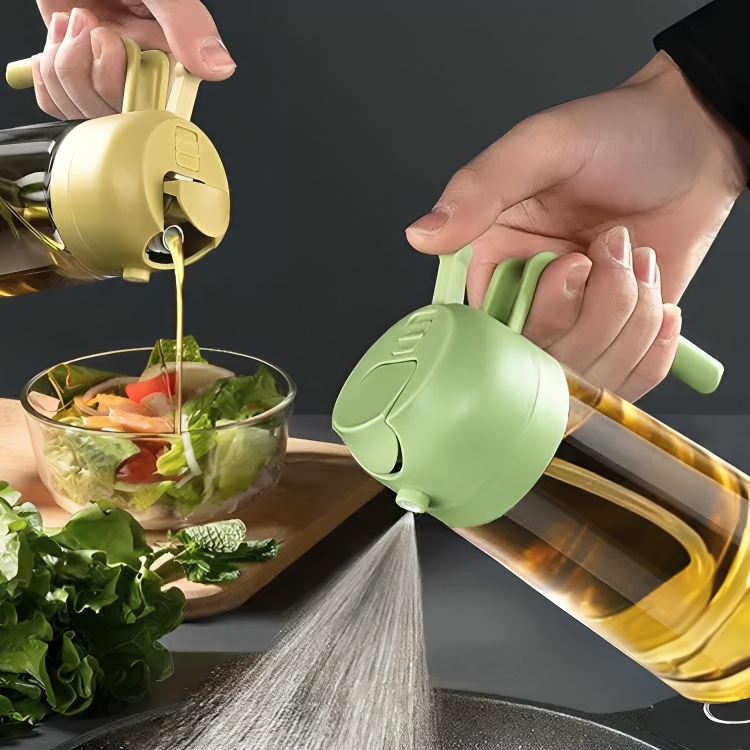 OilLux 2-in-1 oliedispenser en sproeier, perfect voor gezond koken. Glazen doseerfles en ABS.
