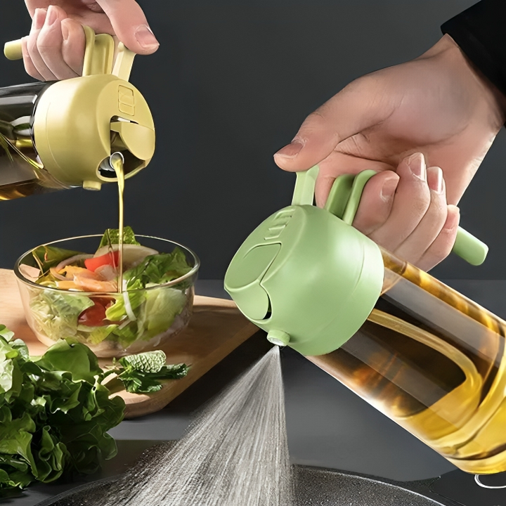 OilLux 2-in-1 oliedispenser en sproeier, perfect voor gezond koken. Glazen doseerfles en ABS.