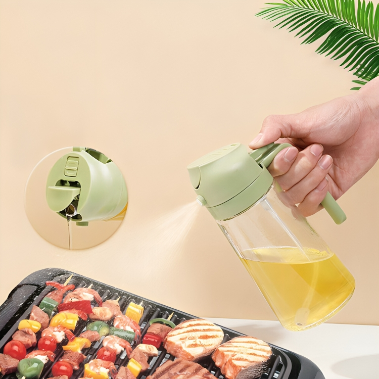 Nauwkeurig olie schenken met OilLux 2-in-1 doseerfles. Praktische glazen oliedispenser voor culinair gebruik.