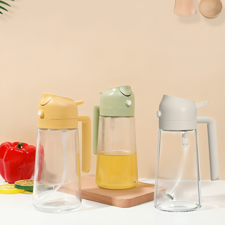 OilLux 2-in-1 oliedispenser/sproeier van glas & ABS. Ideaal voor spuiten en schenken van olie.