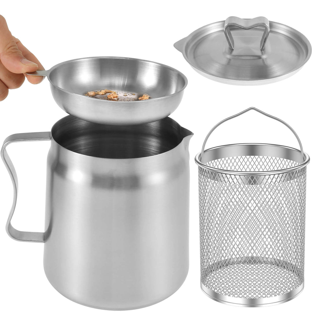 Oliebesparende roestvrijstalen frituurpan met zeef, ideaal voor gezond frituren en eenvoudig schoonmaken.