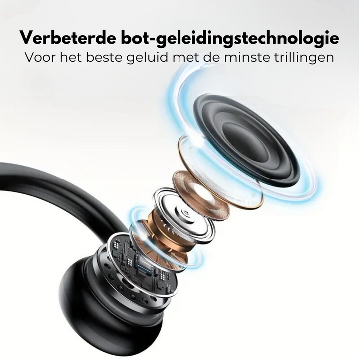 Fietser met botgeleiding open-ear hoofdtelefoon SafeSound, geniet van muziek en veilig verkeersbewustzijn.
