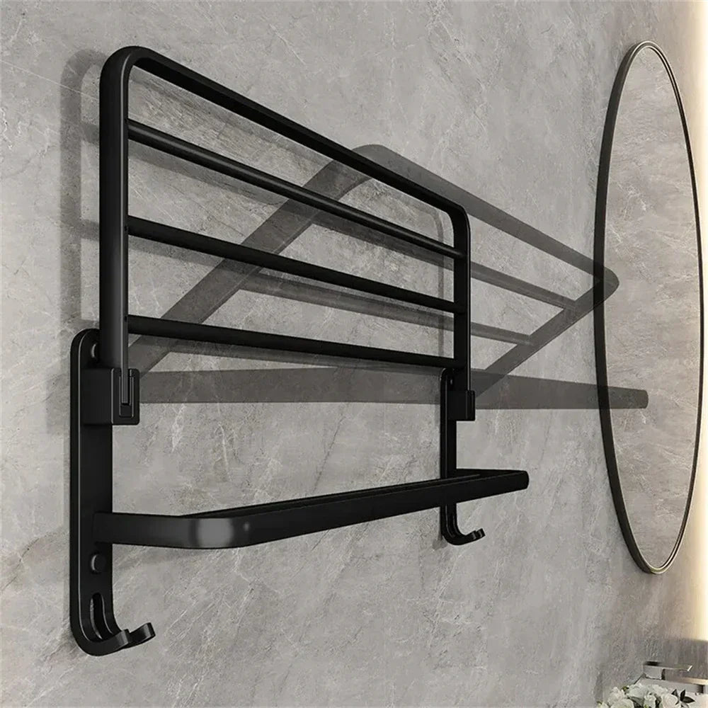 Modern aluminium badkamerrek, opvouwbaar design voor doucheruimte. Ruimtebesparend handdoekenrek.