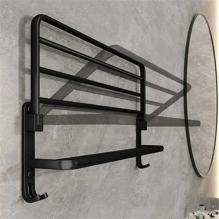 Modern aluminium badkamerrek, opvouwbaar design voor doucheruimte. Ruimtebesparend handdoekenrek.