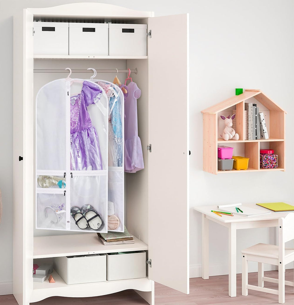 Witte PEVA kledingzakken, 5-pack, opvouwbaar voor dans kostuums, met extra vakken voor accessoires, voor reis en organisatie.