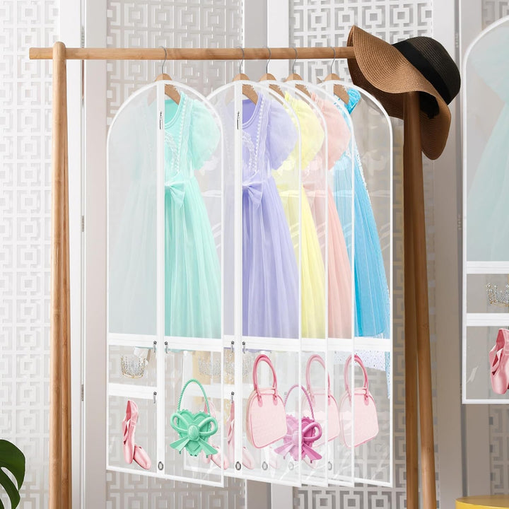 Garderobe beschermhoezen, 5-pack, opvouwbaar en duurzaam, voor danskleding, avondkleding en reizen, met extra opbergvakken.
