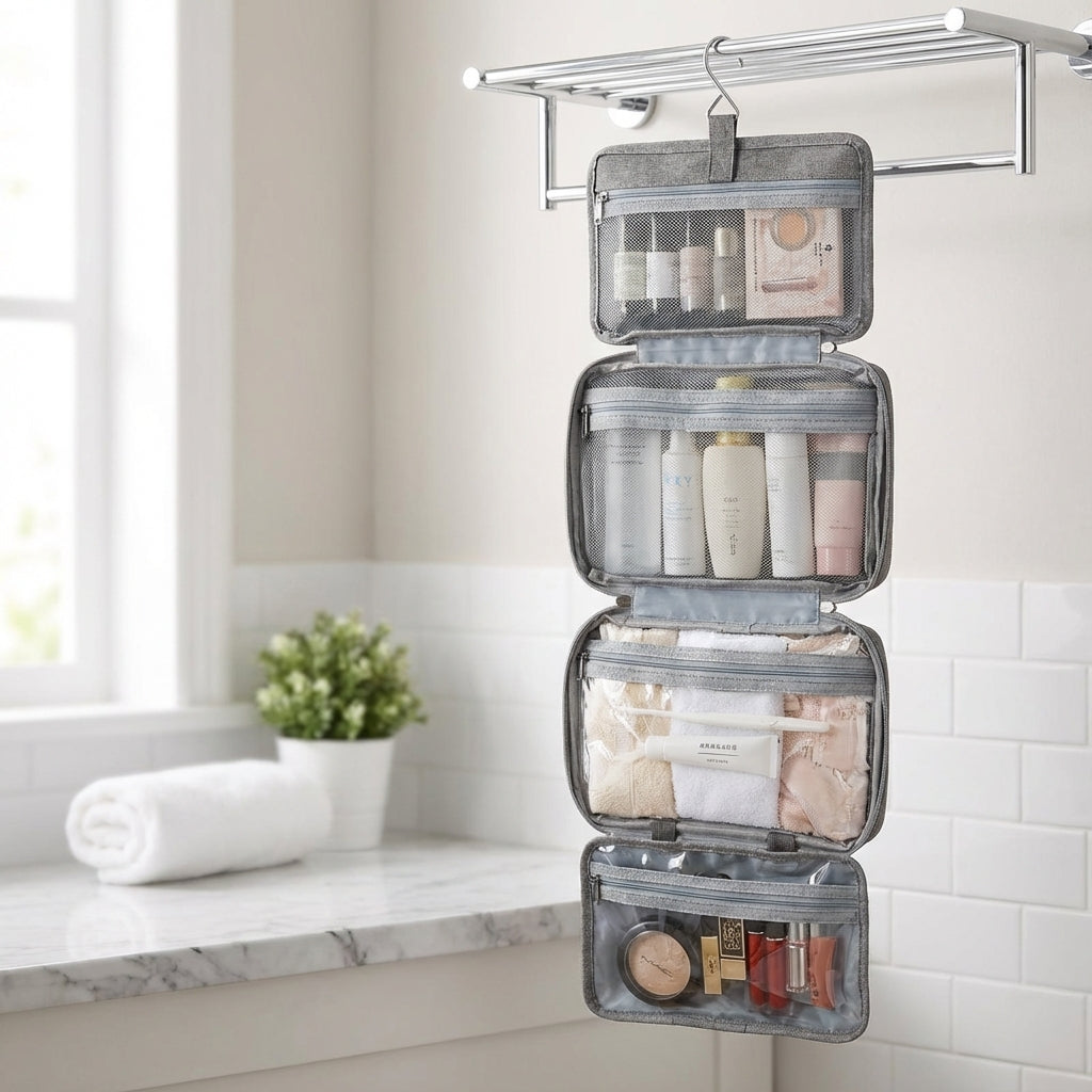 Opvouwbare reistoilettas met handige haak, ideaal voor cosmetica en toiletartikelen. Waterafstotende organizer.