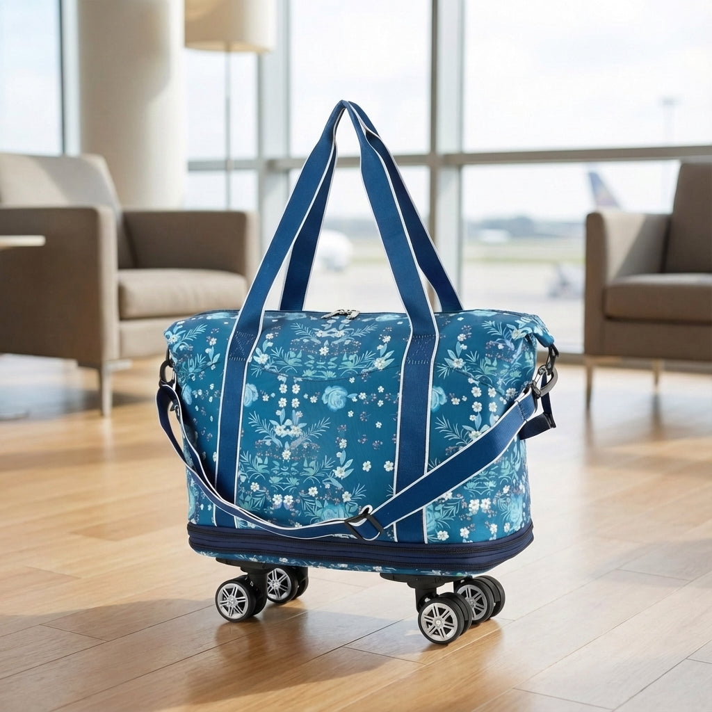 Opvouwbare rolduffel reistas GlideBag met wielen, ideaal voor makkelijk reizen en compact opbergen.