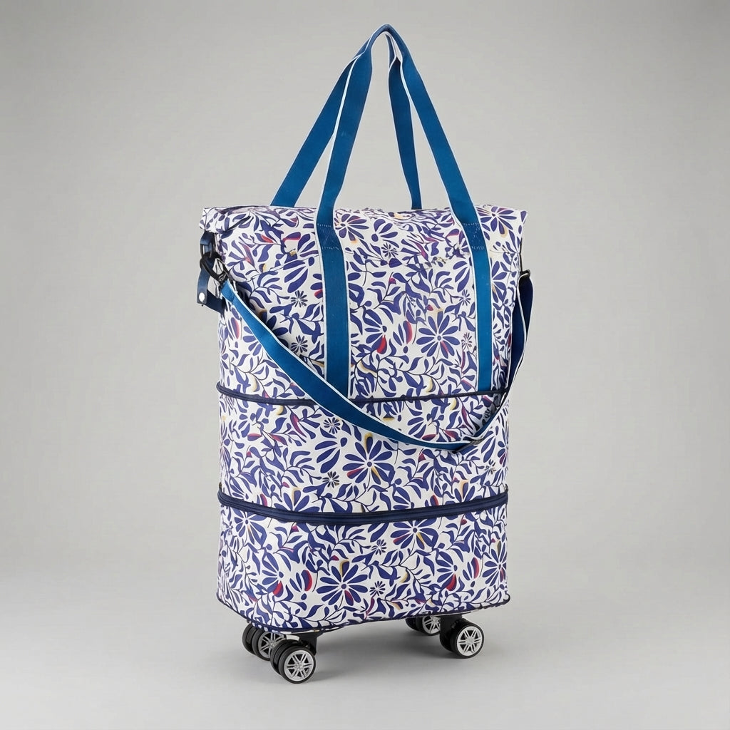 Veelzijdige opvouwbare rolduffel reistas van polyester met soepele wielen, compacte en sterke reisbagage.