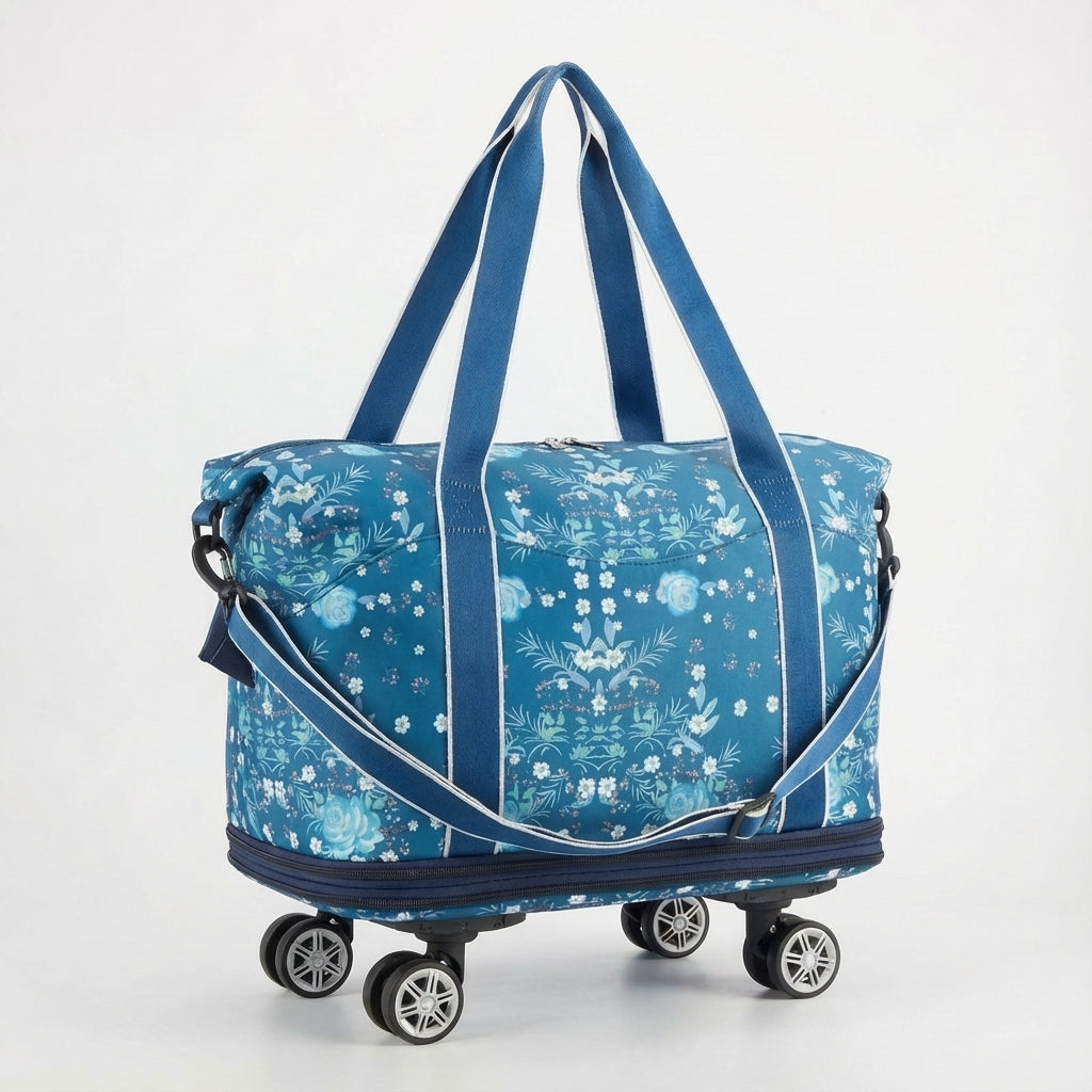 Zwarte opvouwbare rolduffel reistas met stevige wielen, perfect voor soepel transport van al je bagage.