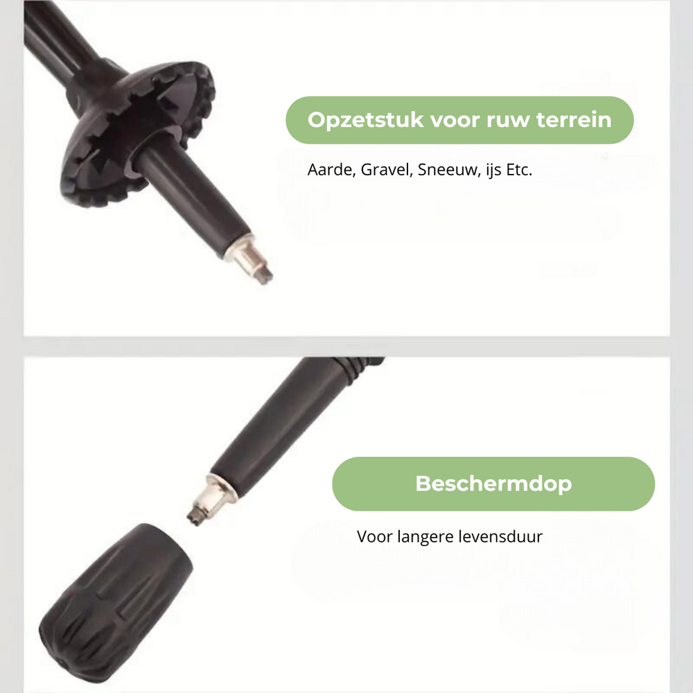 Zwarte/rode aluminium opvouwbare wandelstok van TrekPro, een verstelbaar hulpmiddel voor trekking.