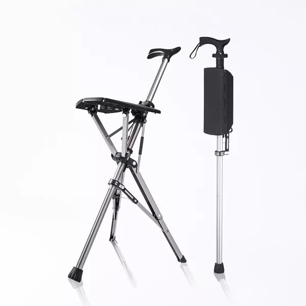 Opvouwbare wandelstok met comfortabel zitje voor senioren. Ideaal voor rust tijdens wandelingen en buiten.