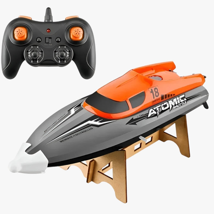 Oranje RC-Speedboot AquaX met waterkoeling, auto-reset en 2.4G-afstandsbediening op een blauwe achtergrond