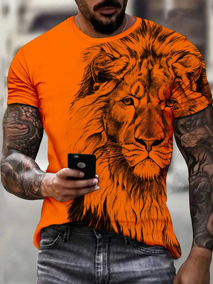 Oranje heren T-shirt met krachtige leeuwenprint, ideaal voor streetwear en casual zomerkleding. Trendy grafisch design.
