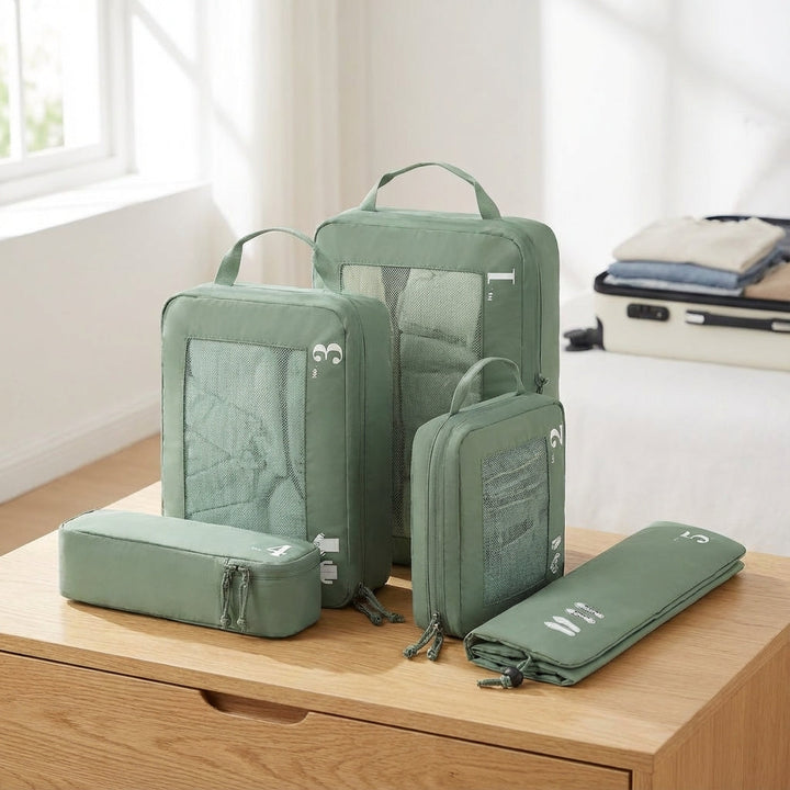 OrgaSwift compacte bagage organizers set voor efficiënt inpakken en georganiseerd reizen in koffer of tas.