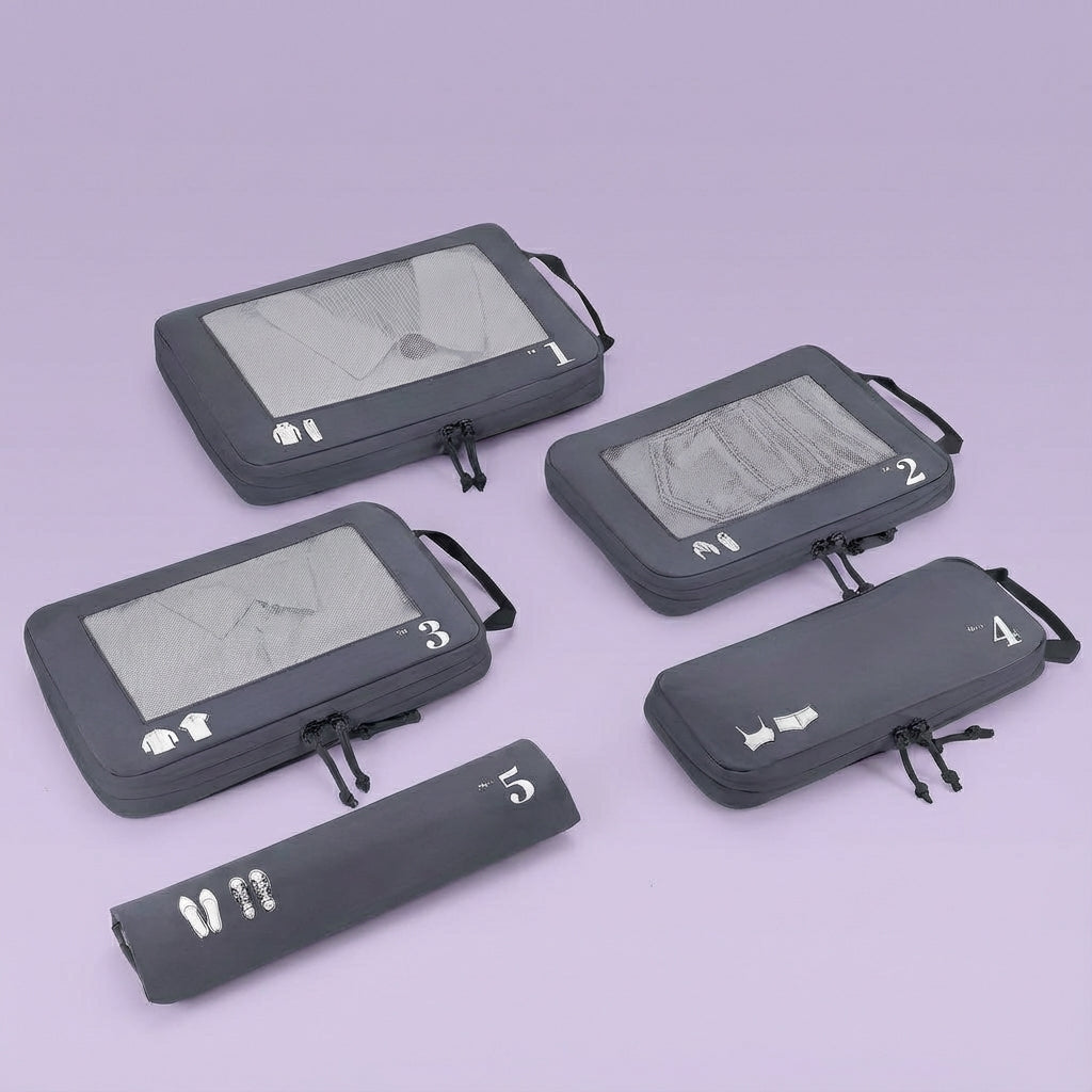 Complete set OrgaSwift pakzakken. Compressie en organisatie voor al je bagage, ideaal voor lange en korte reizen.