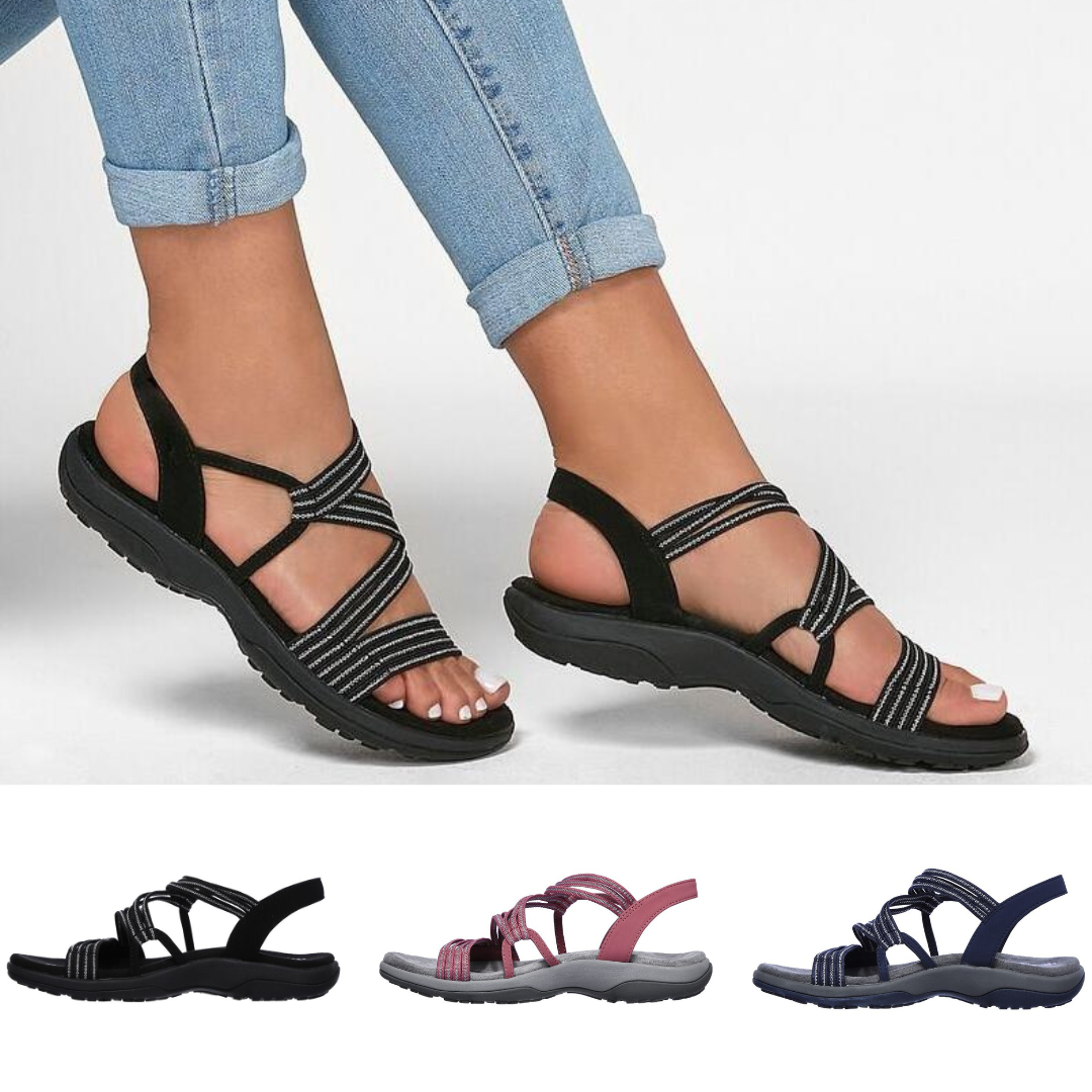 Orthopedische dames sportsandalen, beige, met verstelbare bandjes, anatomisch voetbed en voetboogondersteuning.