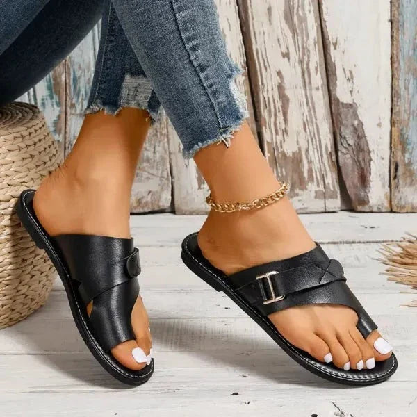 Orthopedische damesleren sandalen in vintage look, bruin, met driepuntsboogontwerp voor hallux valgus, stabiel en stijlvol.