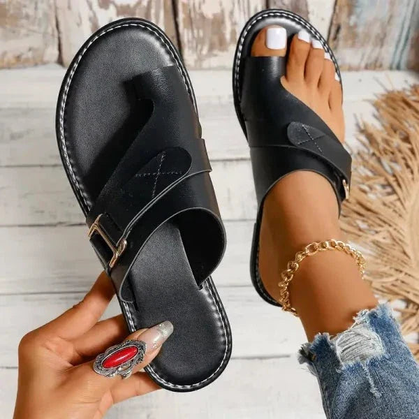 Orthopedische damesleren sandalen in vintage look, bruin, met driepuntsboogontwerp voor hallux valgus, stabiel en stijlvol.