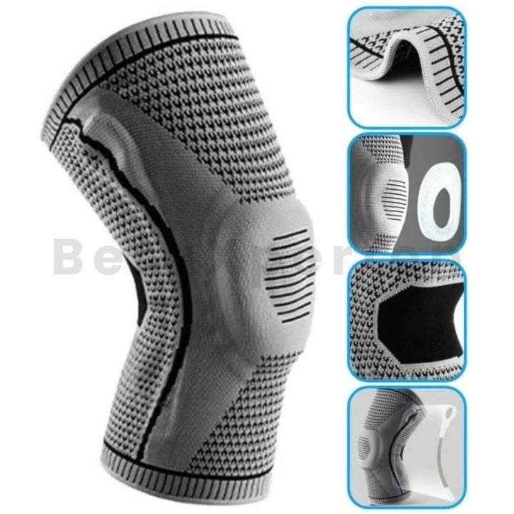 Orthopedische compressie kniebrace; zwart met blauw design, biedt gewrichtsondersteuning en verlichting bij knieklachten.