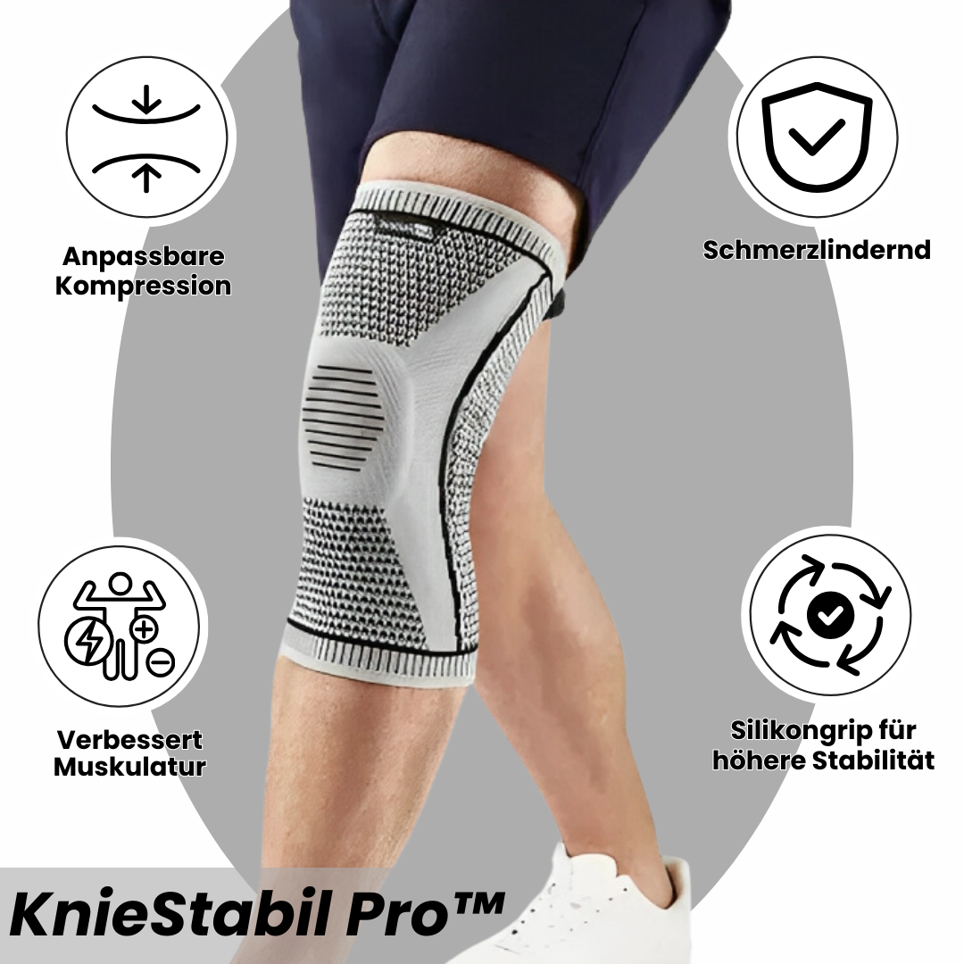 Orthopedische compressie kniebrace; zwart met blauw design, biedt gewrichtsondersteuning en verlichting bij knieklachten.