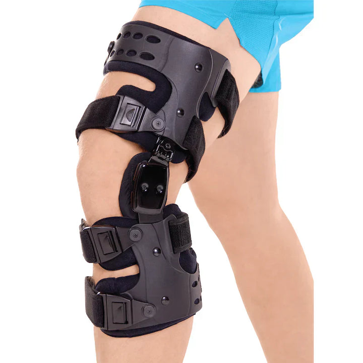 Orthopedische OA-ontlasting kniebrace voor mediale/laterale ondersteuning, ideaal bij artrose, aanpasbaar en comfortabel.