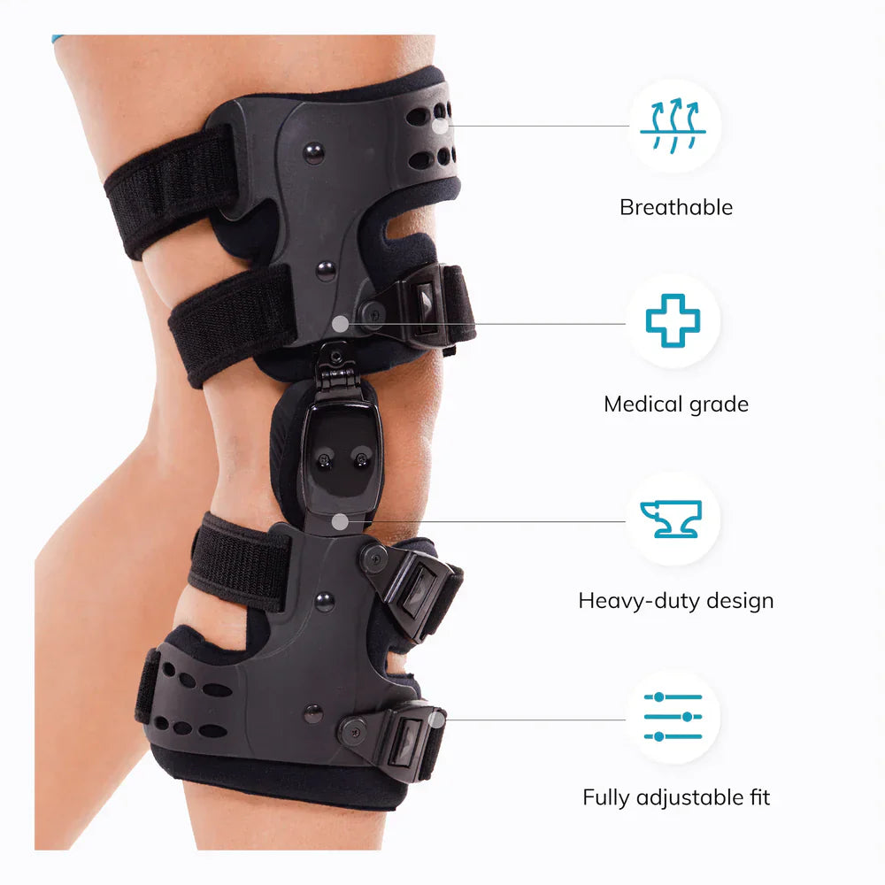 Orthopedische OA-ontlasting kniebrace voor mediale/laterale ondersteuning, ideaal bij artrose, aanpasbaar en comfortabel.