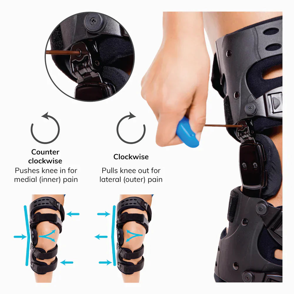 Orthopedische OA-ontlasting kniebrace voor mediale/laterale ondersteuning, ideaal bij artrose, aanpasbaar en comfortabel.