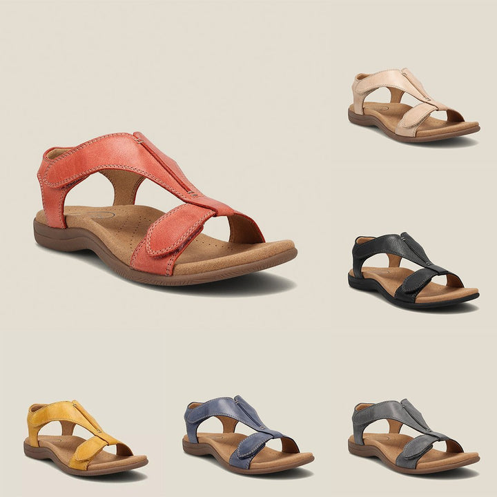 Dames orthopedische sandalen met T-band design in beige, blauw, geel, grijs, oranje, zwart met traagschuimzool.