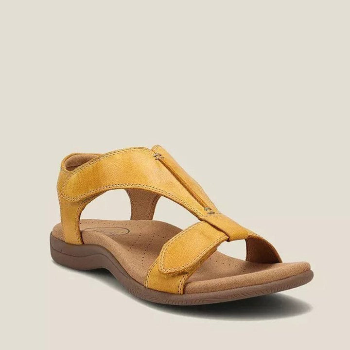Dames orthopedische sandalen met T-band design in beige, blauw, geel, grijs, oranje, zwart met traagschuimzool.