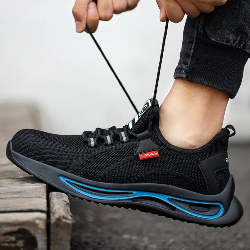 Zwart-blauwe ergonomische veiligheidsschoenen met stalen neus, ideaal voor optimale bescherming en comfort.