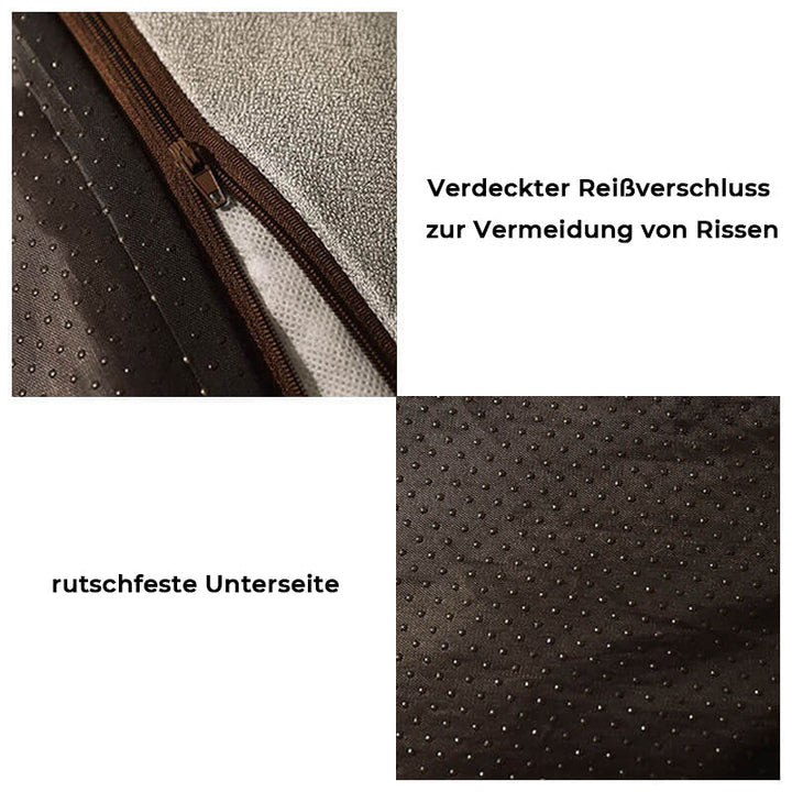 Robuust orthopedisch hondenbed, dik kussen, krasbestendige oppervlakte, en handige hoofdsteun.
