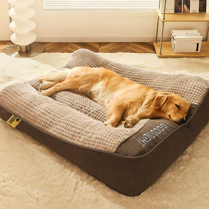 Orthopedisch hondenkussenbed met neksteun, ideaal voor honden met gewrichtsproblemen.
