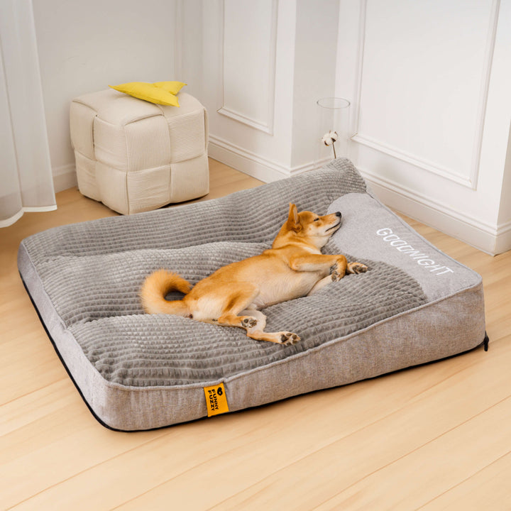 Luxe orthopedisch hondenbed met zachte afneembare hoes en neksteun, voor ultieme ontspanning.
