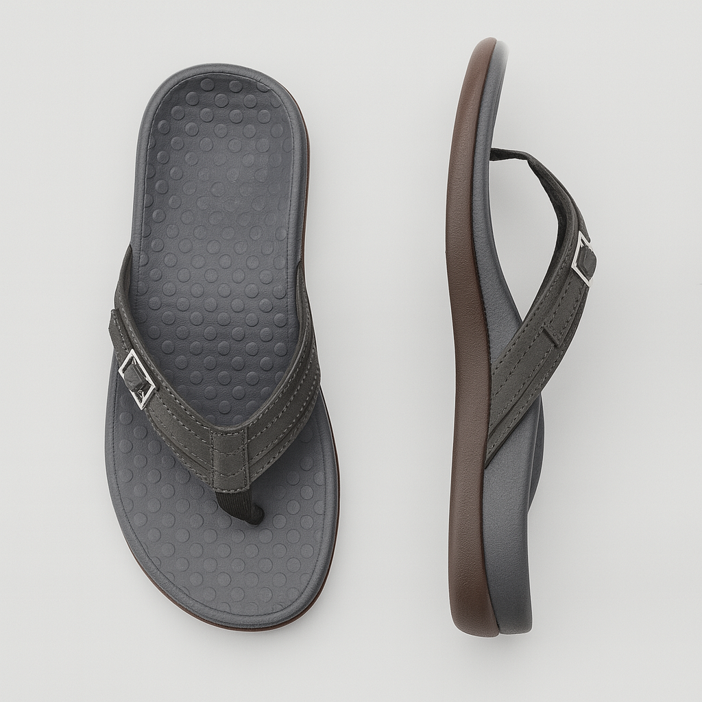 Stijlvolle zwarte orthopedische dames teenslippers, perfect voor dagelijks comfort en optimale voetondersteuning.