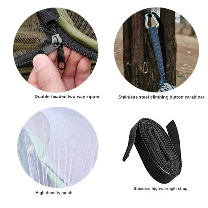 Outdoor hangmat met muskietennet, gemaakt van groene parachutestof, hangend tussen twee bomen, ideaal voor kamperen.